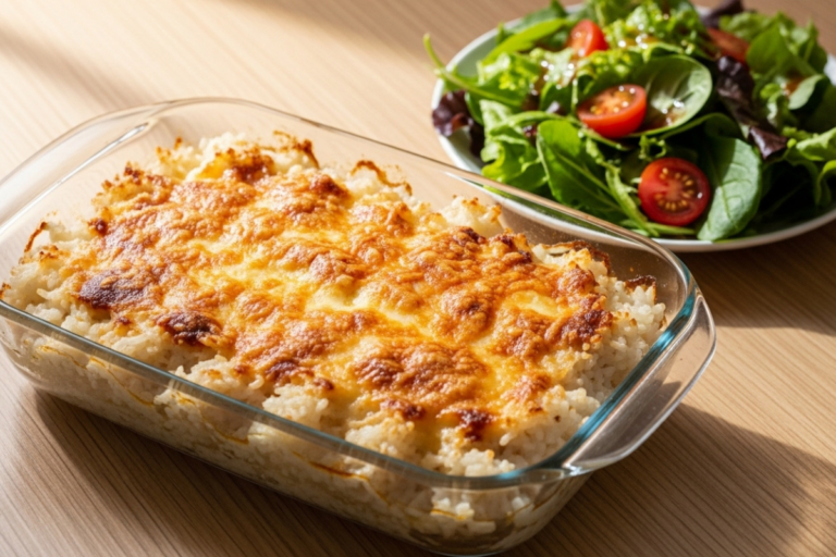 Arroz de forno cremoso com queijo gratinado, servido em um refratário de vidro com uma salada verde ao lado. Tags SEO arroz de forno cremoso, receita fácil, arroz gratinado, almoço rápido, jantar caseiro, aproveitamento de sobras