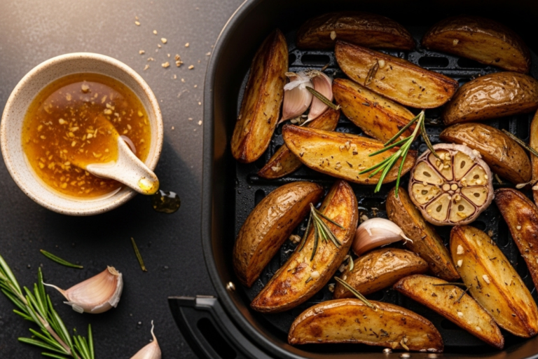 Batatas rústicas douradas e crocantes com alecrim e alho, servidas em uma tigela rústica, batata rústica, air fryer, crocante, receita, petisco, acompanhamento, sem fritura, fácil