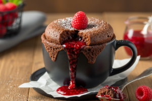 Bolo de caneca de chocolate com calda escorrendo, açúcar de confeiteiro e uma framboesa no topo,bolo de caneca, air fryer, chocolate, sobremesa rápida, receita fácil, bolo individual, café da tarde