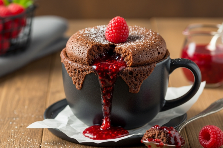 Bolo de caneca de chocolate com calda escorrendo, açúcar de confeiteiro e uma framboesa no topo,bolo de caneca, air fryer, chocolate, sobremesa rápida, receita fácil, bolo individual, café da tarde