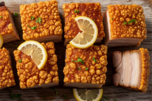 Panceta crocante fatiada com pele pururucada, servida em tábua de madeira rústica com fatias de limão e sal grosso,panceta, pururuca, air fryer, receita, petisco, carne de porco, crocante, sem fritura