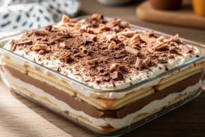 Pavê de chocolate cremoso em travessa de vidro, com camadas de creme e biscoito, decorado com raspas de chocolate,pavê de chocolate, receita de pavê, sobremesa de chocolate, pavê cremoso, receita fácil, doce caseiro