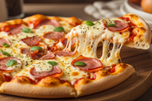 Pizza caseira tradicional de presunto e queijo, recém assada, com borda dourada e queijo derretido,pizza caseira, receita de pizza, pizza tradicional, massa de pizza, pizza de presunto e queijo, culinária italiana