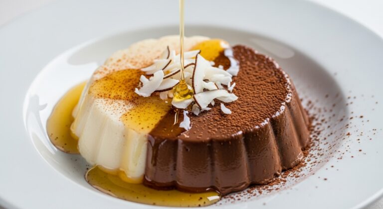 Pudim bicolor de coco e chocolate com caldaservido em prato branco, pudim diferente, pudim de coco, pudim de chocolate, sobremesa criativa, pudim caseiro, receita de pudim