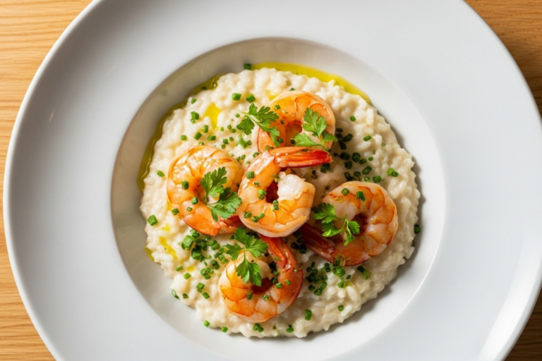 risoto camarão cremosoum prato fundo branco, decorado com camarões inteiros e cheiro-verde, sobre uma mesa de madeira clara sob luz natural, risoto de cama