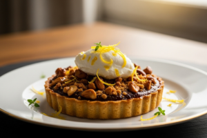 Tartelete de Melado com Crocante de Castanha-de-Caju e Creme de Queijo Fresco Uma Elegância Brasileira em Cada Mordida