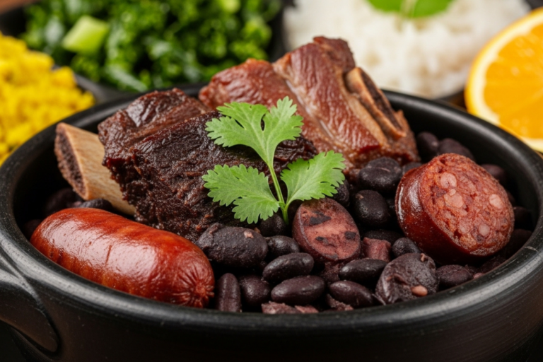 tigela de barro, com carnes, feijão, arroz, farofa e couve,feijoada brasileira, receita de feijoada, prato tradicional, culinária brasileira, feijoada completa, almoço de domingo