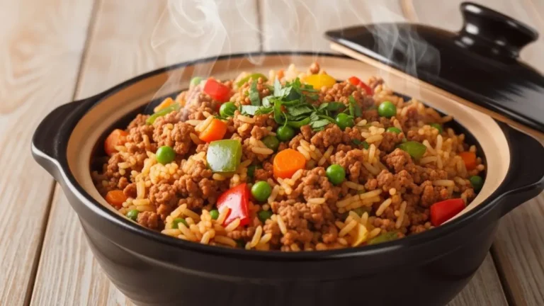 arroz de panela única com carne moída bem soltinho, legumes visíveis, servido em panela rústica, vapor saindo, mesa de madeira clara, fotografia gastronômica realista, estilo comida caseira brasileira, enquadramento horizontal 169