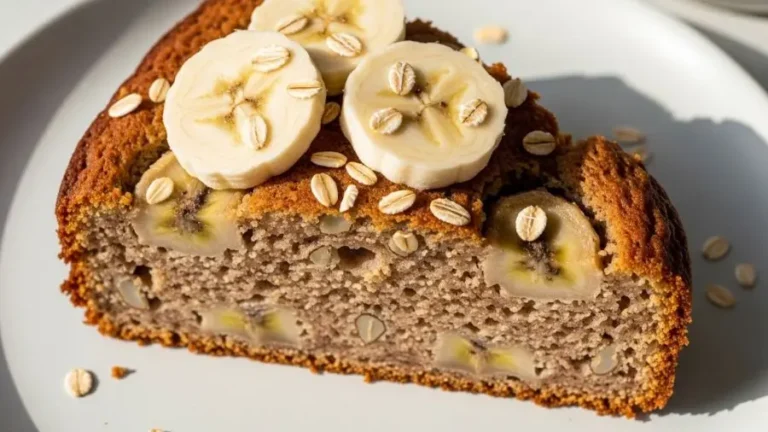 Bolo de banana com aveia fatiado, textura macia, luz natural lateral, prato claro, cenário minimalista, fotografia gastronômica profissional, ultra realista, alta definição.