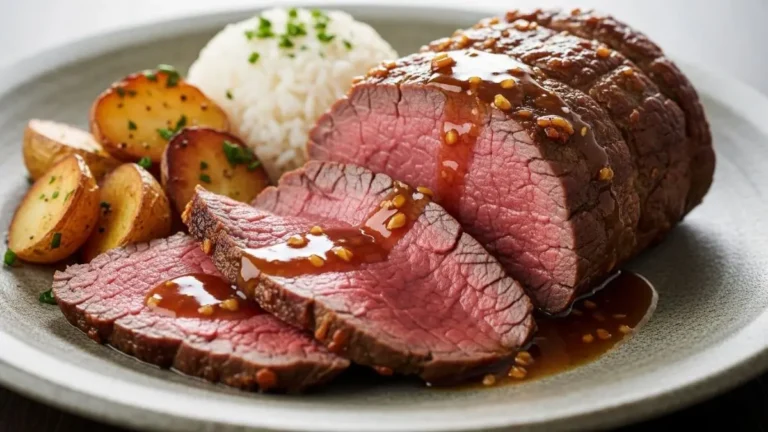 carne-assada-suculenta-capa.webp,carne assada suculenta fatiada com batatas e arroz,carne assada, receita de carne, almoço em família, carne suculenta