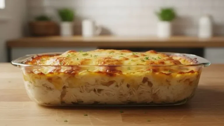 Escondidinho de frango cremoso gratinado, servido em travessa de vidro, com queijo dourado borbulhante, iluminação natural, fundo de cozinha moderna