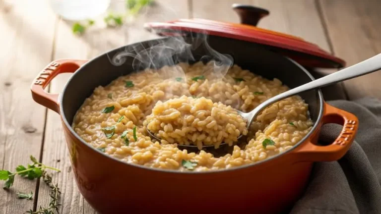 Foto profissional de arroz cremoso servido em panela de ferro esmaltada, vapor subindo, textura cremosa visível, colher servindo porção, mesa rústica, iluminação quente natural, fotografia gastronômica editorial, ultra realista, 169, alta resolução