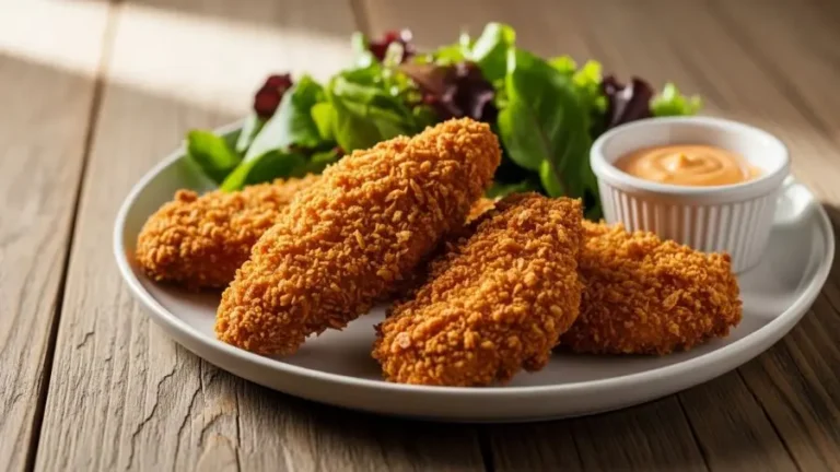 Foto profissional de frango empanado na air fryer, crocante e dourado, servido em prato branco sobre mesa de madeira rústica, acompanhado de salada verde e molho, iluminação natural, foco em textura, fotografia gastronômica realista, alta resolução, estilo editorial food photography, profundidade de campo suave, 169