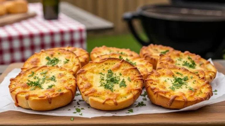 Foto profissional de pão de alho dourado na air fryer, queijo derretido, textura crocante, servido em tábua rústica, ambiente de churrasco caseiro, luz natural, fotografia gastronômica realista, alta resolução, proporção 169