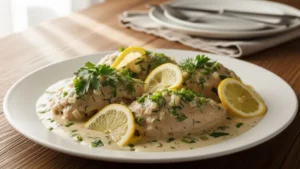 Frango cremoso com ervas e limão servido em prato rústico,frango cremoso, receita de frango, frango com limão, receitas fáceis