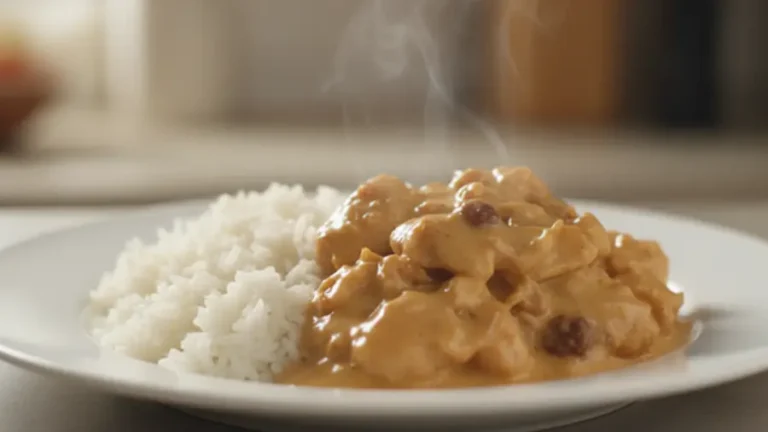 Frango cremoso na panela de pressão servido com arroz branco