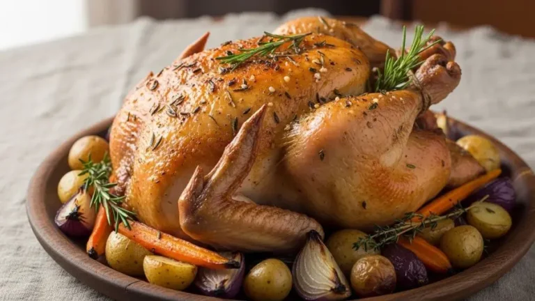 Frango inteiro assado na airfryer, pele dourada e crocante, servido em travessa rústica, iluminação natural, fotografia gastronômica profissional, ultra realista, alta definição.