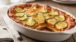 Lasanha de abobrinha low carb gratinada, dourada, em travessa branca elegante, fotografia gastronômica profissional, iluminação natural suave, ultra realista, alta resolução, fundo levemente desfocado.