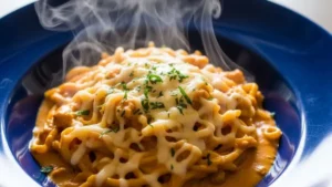 Macarrão cremoso servido em prato fundo elegante, vapor subindo, molho encorpado, queijo derretido, fotografia gastronômica profissional, iluminação natural suave, ultra realista, alta definição.