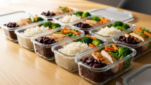 marmitas completas organizadas para a semana, arroz, feijão, frango e legumes visíveis, recipientes alinhados, mesa de madeira clara, fotografia realista, luz natural, proporção 169