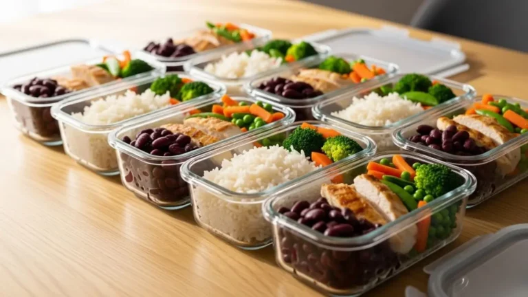 marmitas completas organizadas para a semana, arroz, feijão, frango e legumes visíveis, recipientes alinhados, mesa de madeira clara, fotografia realista, luz natural, proporção 169