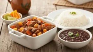 Picadinho de carne com legumes, prato brasileiro tradicional, servido com arroz branco e feijão, apresentação profissional, luz natural, fundo rústico, fotografia culinária realista, alta definição, ultra detalhado.