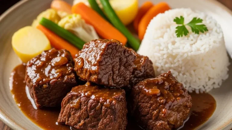 Prato brasileiro de carne de panela na pressão, carne macia desmanchando, molho espesso e brilhante, arroz branco soltinho, legumes cozidos, apresentação elegante em prato de cerâmica rústica, iluminação natural suave, fundo desfocado, fotografia gastronômica profissional, ultra realista, alta resolução, foco em textura e suculência, estilo editorial food photography.
