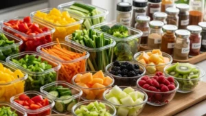 tigelas-de-vidro-com-sobras-de-arroz-frango-pao-e-legumes-organizacao-cozinha-sobras-de-comida-ingredientes-para-reaproveitar-dicas-de-cozinha-preparo-de-refeicoes