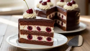 Torta alemã tradicional com cobertura brilhante de chocolate, fatia servida em prato elegante, fotografia gastronômica profissional, iluminação natural suave, ultra realista, alta resolução.