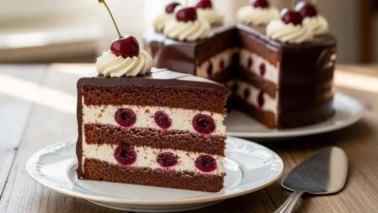 Torta alemã tradicional com cobertura brilhante de chocolate, fatia servida em prato elegante, fotografia gastronômica profissional, iluminação natural suave, ultra realista, alta resolução.
