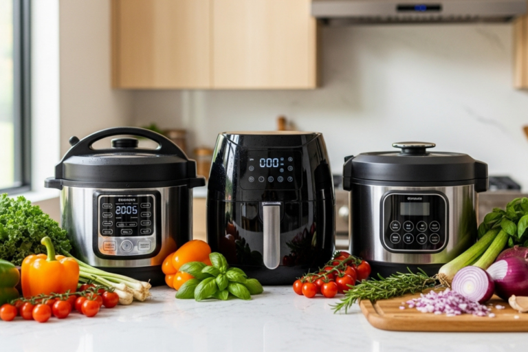 Uma panela de pressão elétrica, uma air fryer e um multicooker inteligente dispostos em uma bancada de cozinha moderna, com legumes e temperos frescos. Tags SEO panelas multifuncionais, cozinha prática, eletrodomésticos modernos, panela de pressão elétrica, air fryer, multicooker, economia de tempo