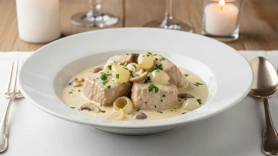 Pálida, sedosa, sem nenhuma cor de douramento. A blanquette de veau é o oposto de tudo que eu aprendi primeiro. E é exatamente por isso que é difícil. 🤍"