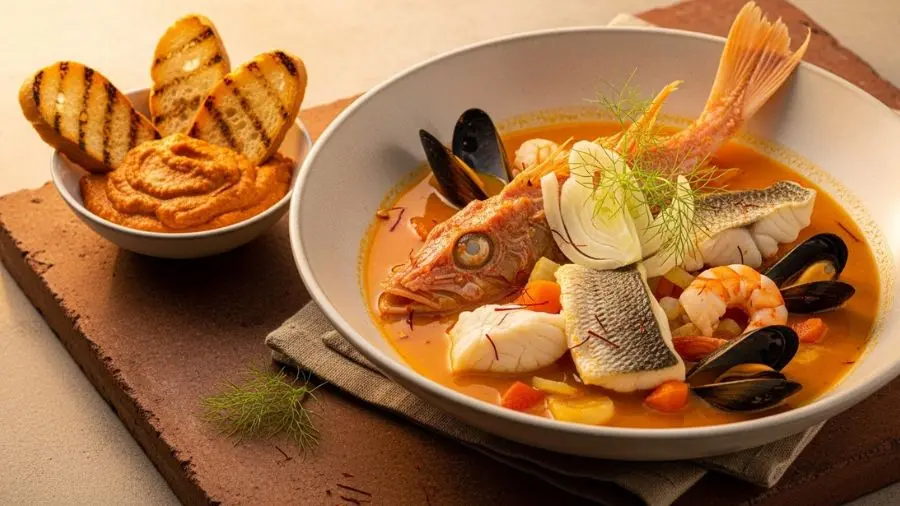 "Caldo cor de pôr do sol, rouille no crouton, peixe que desfaz com o garfo. Em Marseille, servem assim há duzentos anos. Não tem motivo para mudar." -->