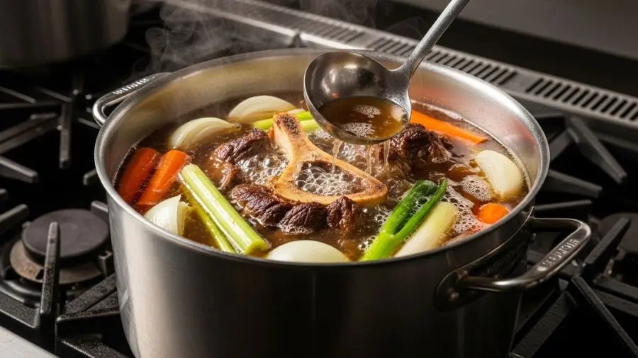 "Esse vapor tem cheiro de fundo que levou seis horas para construir sabor. O caldo de ossos é o que separa molhos de restaurante de molhos de casa." -->