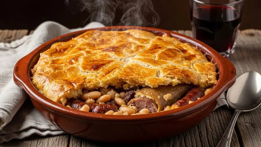 "Crosta quebrada sete vezes, reconstruída sete vezes. O cassoulet receita não tem atalho. Tem processo — e o resultado justifica cada hora." -->