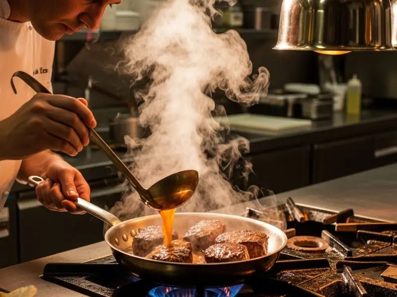 "Chef adicionando concha de caldo de ossos escuro em frigideira com carne selada formando molho instantâneo brilhante e aromático em técnica profissional" 