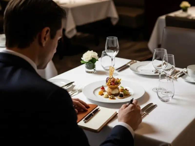 "Comensal anônimo tomando notas num restaurante de estrela Michelin gastronomia — inspetor trabalha incógnito visitando múltiplas vezes sem revelar identidade"