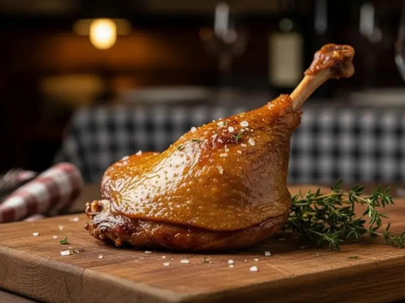 "Confit de pato finalizado com pele dourada crocante e carne macia confitada — confitar técnica culinária combinada com reação de Maillard na finalização"