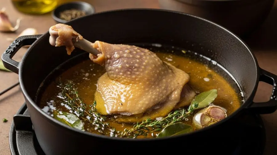 "Submerso em gordura, em fogo baixíssimo, por horas. Confitar técnica culinária é exatamente o oposto de tudo que parece errado — e produz resultados impossíveis de outro jeito. 🦆" -->