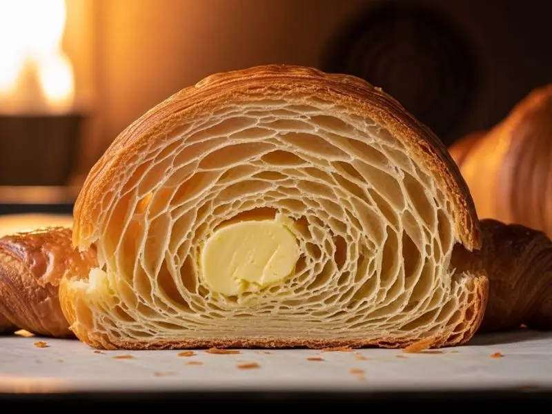 "Corte transversal de croissant com camadas laminadas perfeitas e manteiga de qualidade visível entre as folhas douradas em resultado técnico de alta confeitaria"