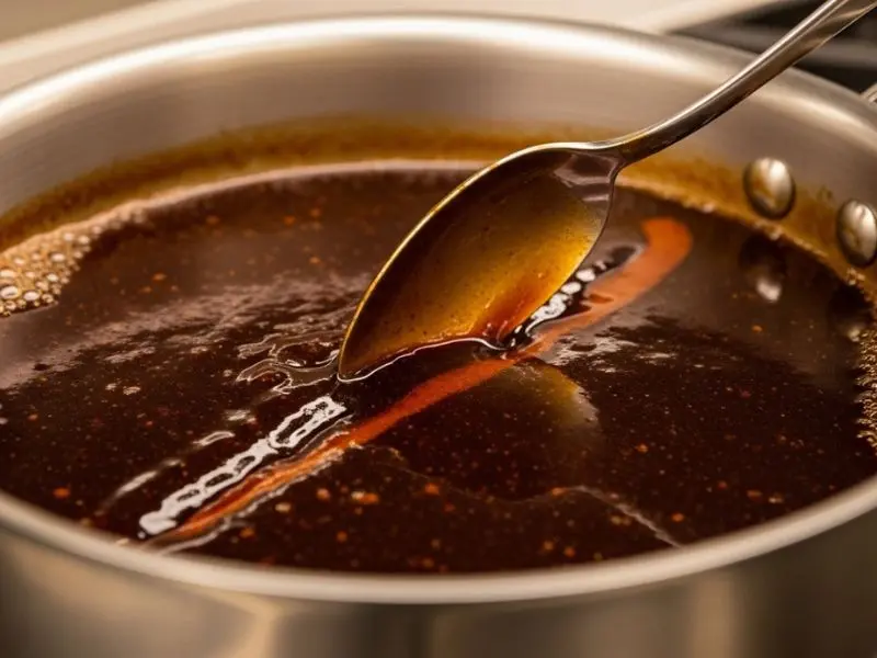 "Demi-glace derivado do caldo de ossos reduzindo em panela larga com cor mogno brilhante e consistência nappant comprovada com colher" 