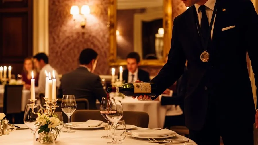 Elegant Michelin star restaurant dining room, soft candlelight, white tablecloths, sommelier serving wine, blurred background with other diners, fine dining atmosphere, editorial photography, warm gold tones, cinematic
