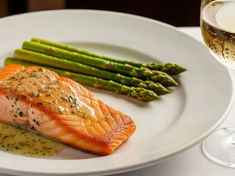  "Filé de salmão selado com pele crocante molho de manteiga e aspargos ao lado de taça de Sancerre Sauvignon Blanc para harmonização vinho branco" 