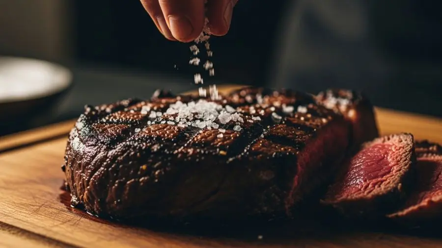 "Flor de sal nos dedos, sobre a carne fora do fogo. Esse gesto simples é um dos mais precisos da cozinha profissional. O timing importa tanto quanto o ingrediente. 🧂" -->