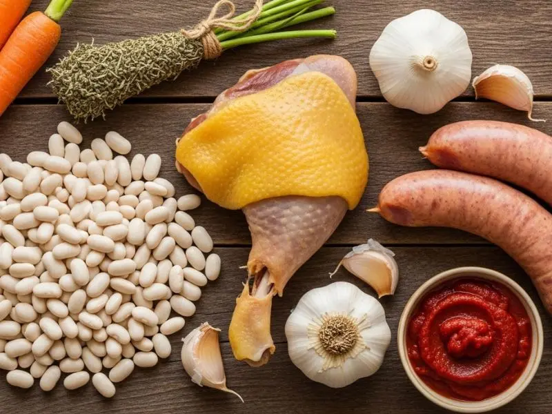 "Ingredientes do cassoulet receita em flat lay feijão branco seco confit de pato linguiça de Toulouse bouquet garni alho cenoura e extrato de tomate"
