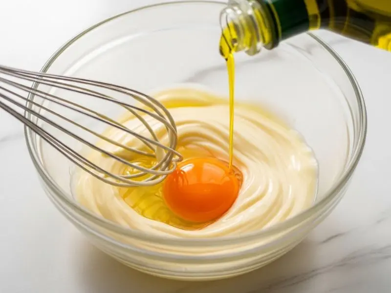 "Maionese caseira sendo preparada com fio de azeite sendo incorporado lentamente à gema — emulsão na cozinha formando textura cremosa estável com lecitina do ovo"