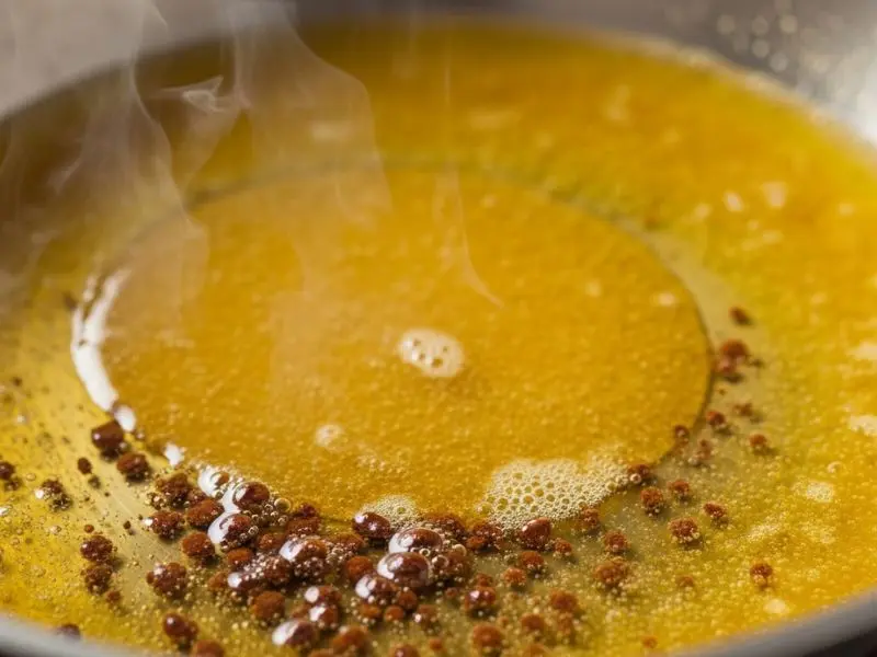 "Manteiga noisette no ponto exato de cor avelã com sólidos do leite dourados no fundo da frigideira de aço inox no processo de preparo do sole meunière" 