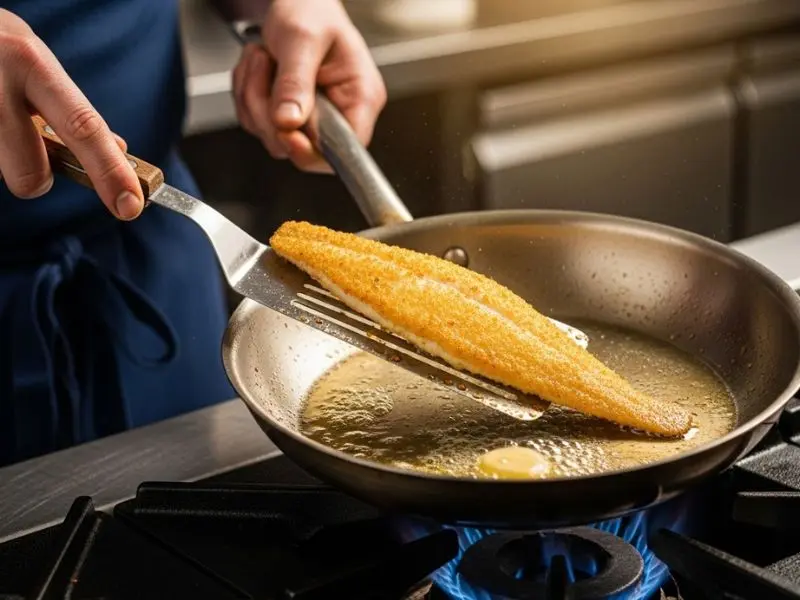 "Mão de chef virando filé de sole meunière com espátula larga em frigideira com manteiga borbulhante mostrando crosta dourada perfeita na técnica de preparo"
