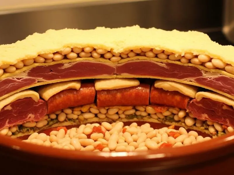"Montagem do cassoulet receita em cassole de barro mostrando camadas feijão branco aromáticos confit de pato linguiça e início de crosta dourada"