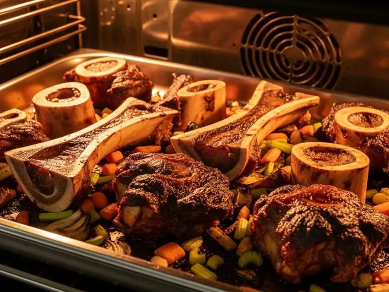 "Ossos de boi assados em assadeira no forno com cor mogno caramelizada e legumes dourados para preparo do caldo de ossos escuro com fundo de assadeira" 